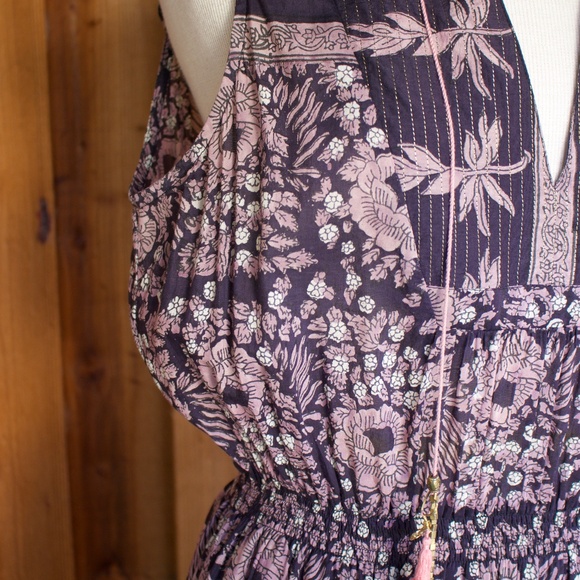 Alicia Bell Cotton & Silk Violet/Blue Peasant Boho Sleeveless Floral Midi Dress - Picture 10 of 16